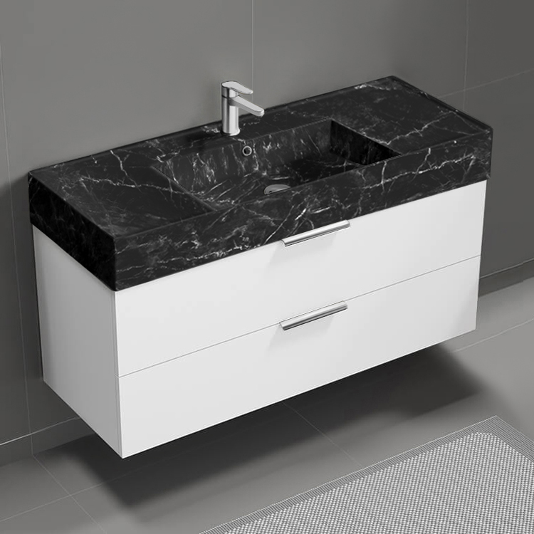 Nameeks DERIN942 Modern Bathroom Vanity With Black Marble Design Sink, Wall Mounted, 48 Inch, Glossy White